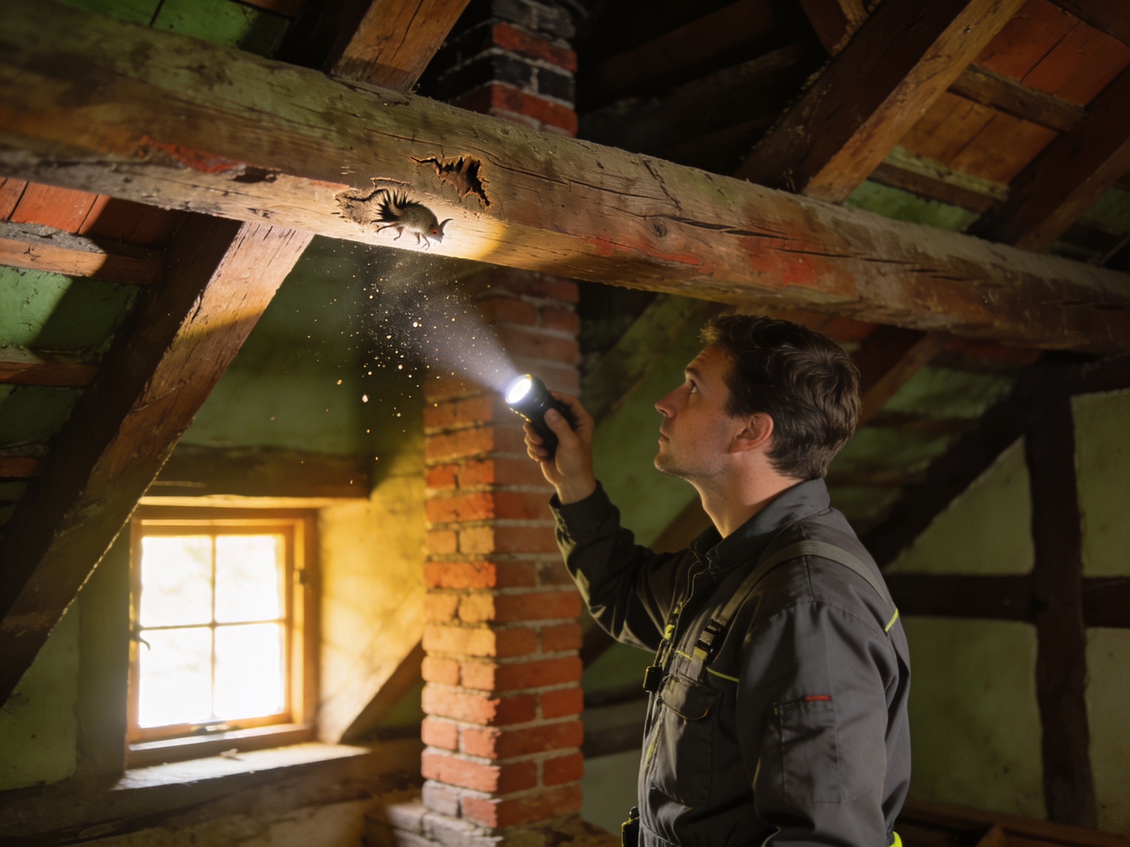 Schädlingsbekämpfer inspiziert mittelalterliche Dachbalken in einem Fachwerkhaus in Alsfeld