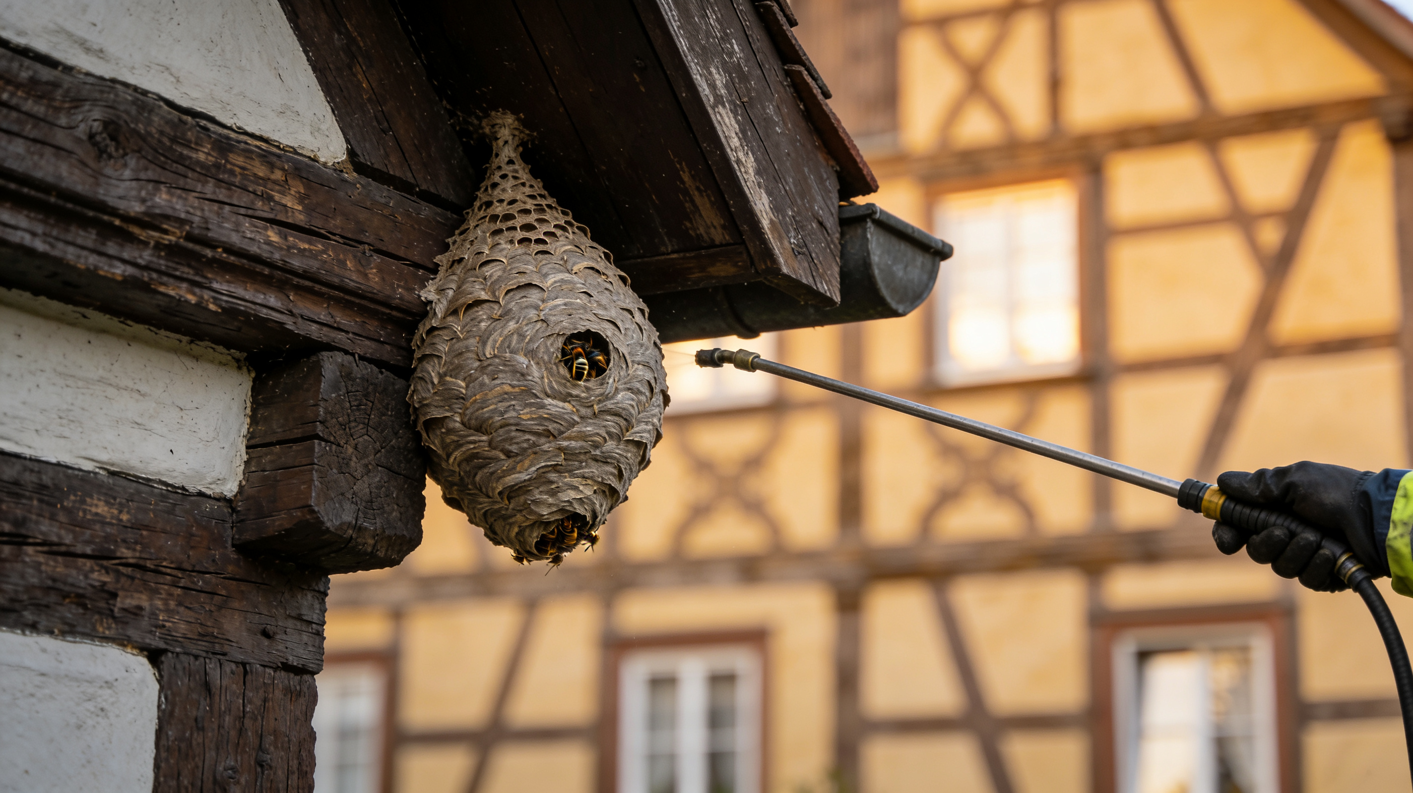 Wespennest unter den Holzgesimsen eines historischen Fachwerkhauses in Alsfeld