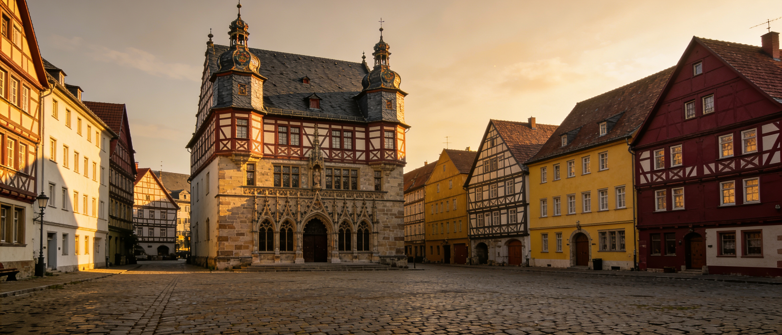 Alsfelder Marktplatz mit historischem Rathaus und Fachwerk-Ensemble bei goldenem Abendlicht